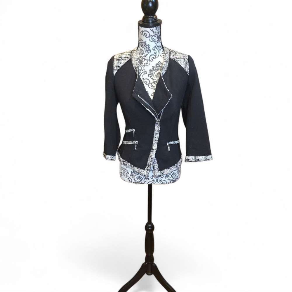 White House Black Market Tweed Trim Cropped Moto Jacket Size 10 Blk, Wht, Lilac